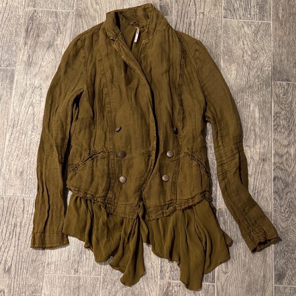 Free People Olive Green Double-Breasted Ruffle Hem Jacket